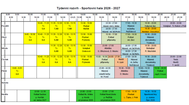 Rozpis týdenního dlouhodobého pronájmu sportovní haly od 01.09.2026 Rozpis týdenního dlouhodobého pronájmu sportovní haly od 01.09.2026